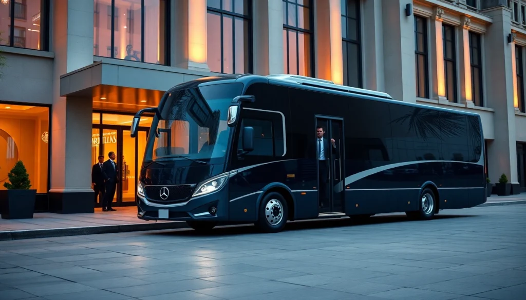 Corporate event transport featuring a luxury shuttle bus at a high-end venue.