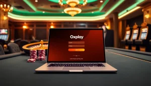 Engage in Oxplay login with a luxury casino atmosphere featuring slot machines and poker elements.