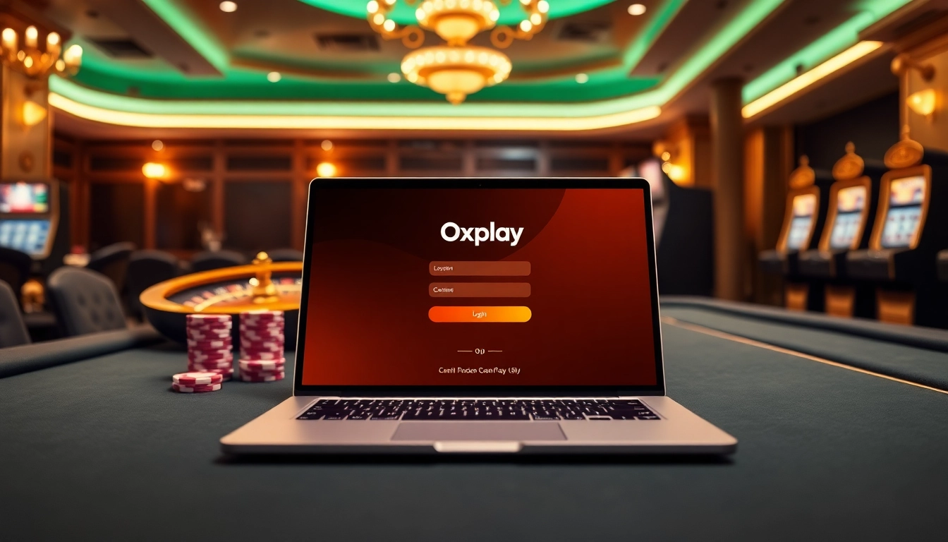 Engage in Oxplay login with a luxury casino atmosphere featuring slot machines and poker elements.