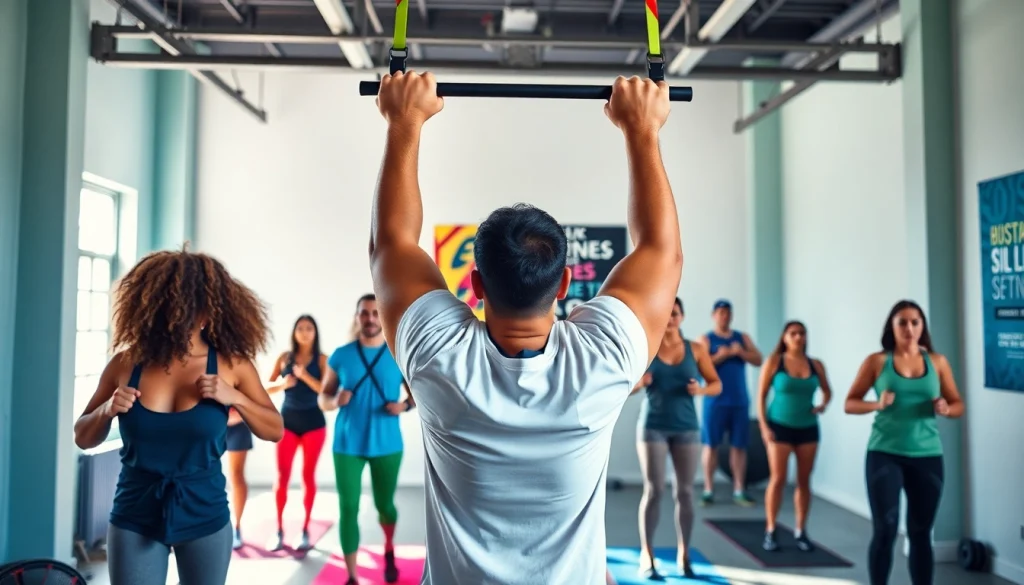 Individuals using assisted pull-up bands in a vibrant gym setting, showcasing strength training.