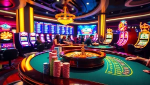 A thrilling LC88 online casino experience featuring vibrant poker chips, roulette wheels, and slot machines.