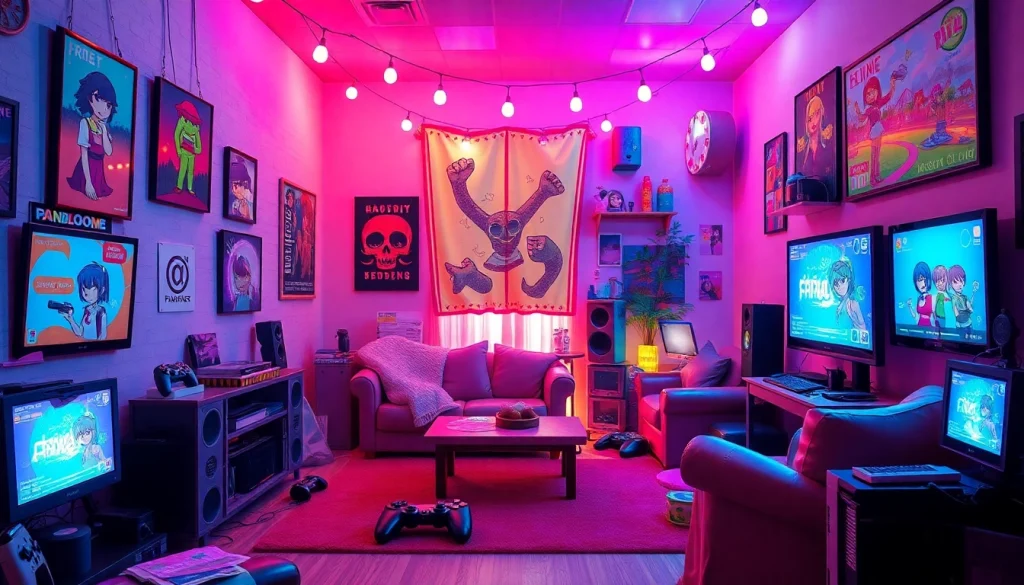 Engaging scene from an HTML porn game featuring colorful elements, gaming gadgets, and playful characters.