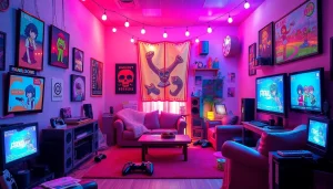 Engaging scene from an HTML porn game featuring colorful elements, gaming gadgets, and playful characters.