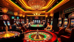 Experience thrilling gaming at Nhà cái Haywin with vibrant casino visuals featuring roulette, poker, and slot machines.
