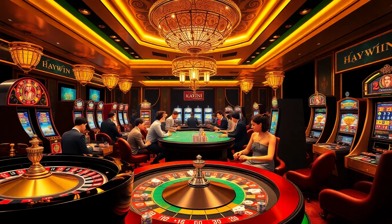 Experience thrilling gaming at Nhà cái Haywin with vibrant casino visuals featuring roulette, poker, and slot machines.