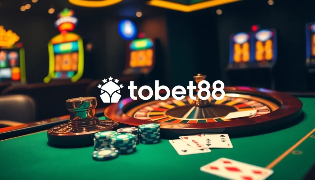 Engaging scene of gamblers enjoying games at tobet88 casino with roulette and poker chips.