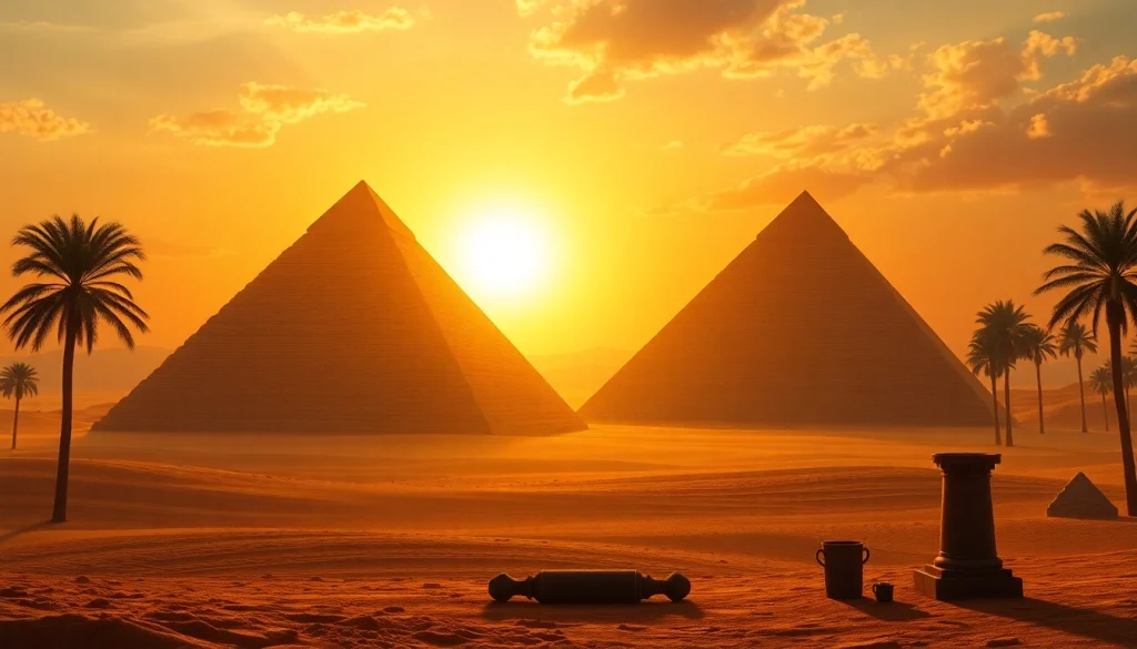 Visual interpretation of piraminds amid a serene sunset desert landscape.