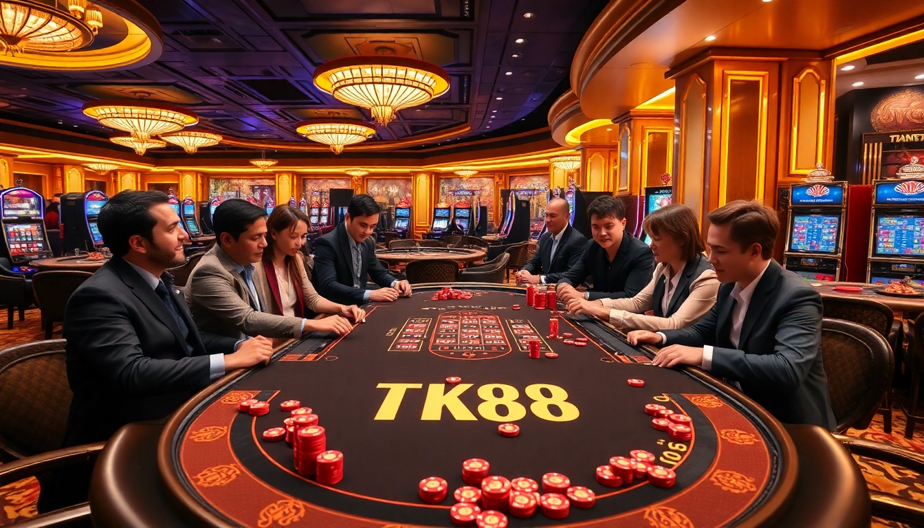 Engaged players at the TK88 poker table in a luxurious casino, highlighting excitement and strategy.