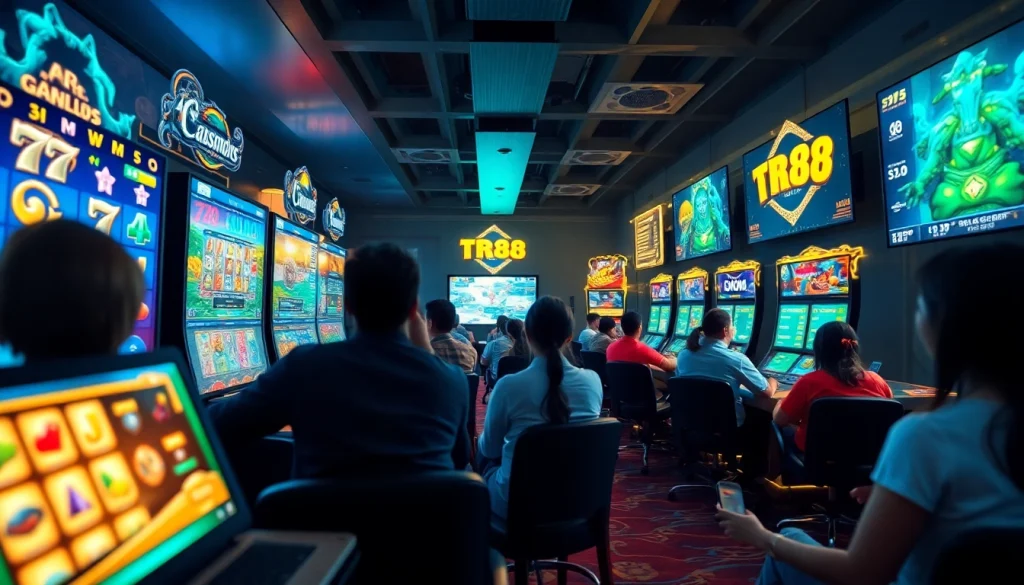 Experience the thrill of TR88 betting with players engaged in diverse online games under vibrant lighting.