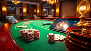 Experience the thrill of 6L777 Login with elegant casino visuals showcasing poker chips and roulette.