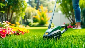 NovorikX 60V cordless string trimmer in a vibrant garden, showcasing effective lawn care.