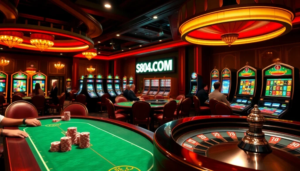S804.COM showcases an exciting casino atmosphere with poker tables, vibrant slot machines, and a roulette wheel.