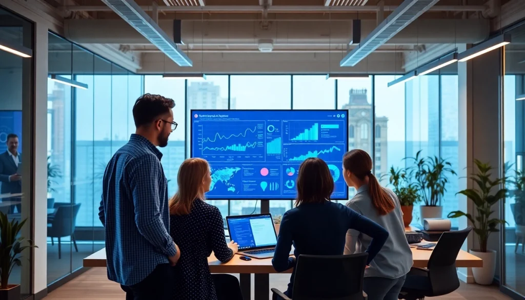 AI integration service provider team collaborating on data analytics in a bright office.