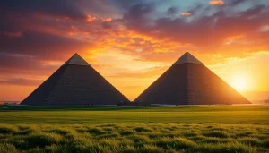 Admire the majestic pyraminds set against a vibrant sunset landscape.