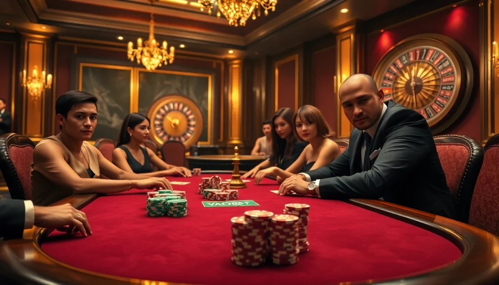 Exciting poker game featuring VAOBET chips and a luxurious casino atmosphere.