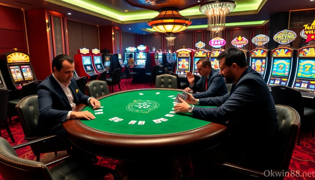 Players engaging in intense poker gameplay at a luxurious table at https://okwin68.net/, reflecting excitement and professionalism.