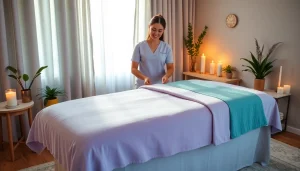 Relaxing home environment for 출장마사지 with a professional therapist preparing soothing oils.