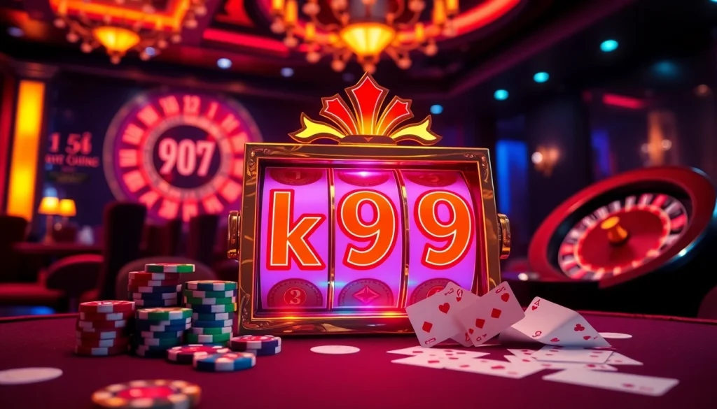 Engaging scene of a luxurious casino slot machine themed k9k9 with colorful decorations and chips.