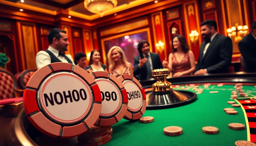 NoHU90 poker chips and roulette wheel in an exciting casino atmosphere.