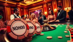 NoHU90 poker chips and roulette wheel in an exciting casino atmosphere.