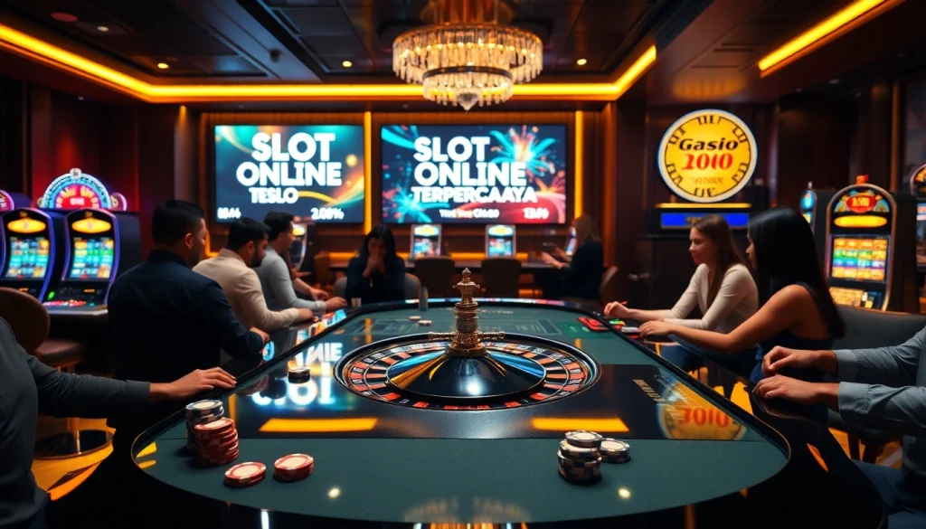 Engage with the excitement of slot online terpercaya at a vibrant casino featuring roulette and slot machines.