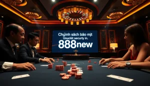 The scene of a busy casino table emphasizing the Chính sách bảo mật 888new while showcasing poker players engaged in an intense game.