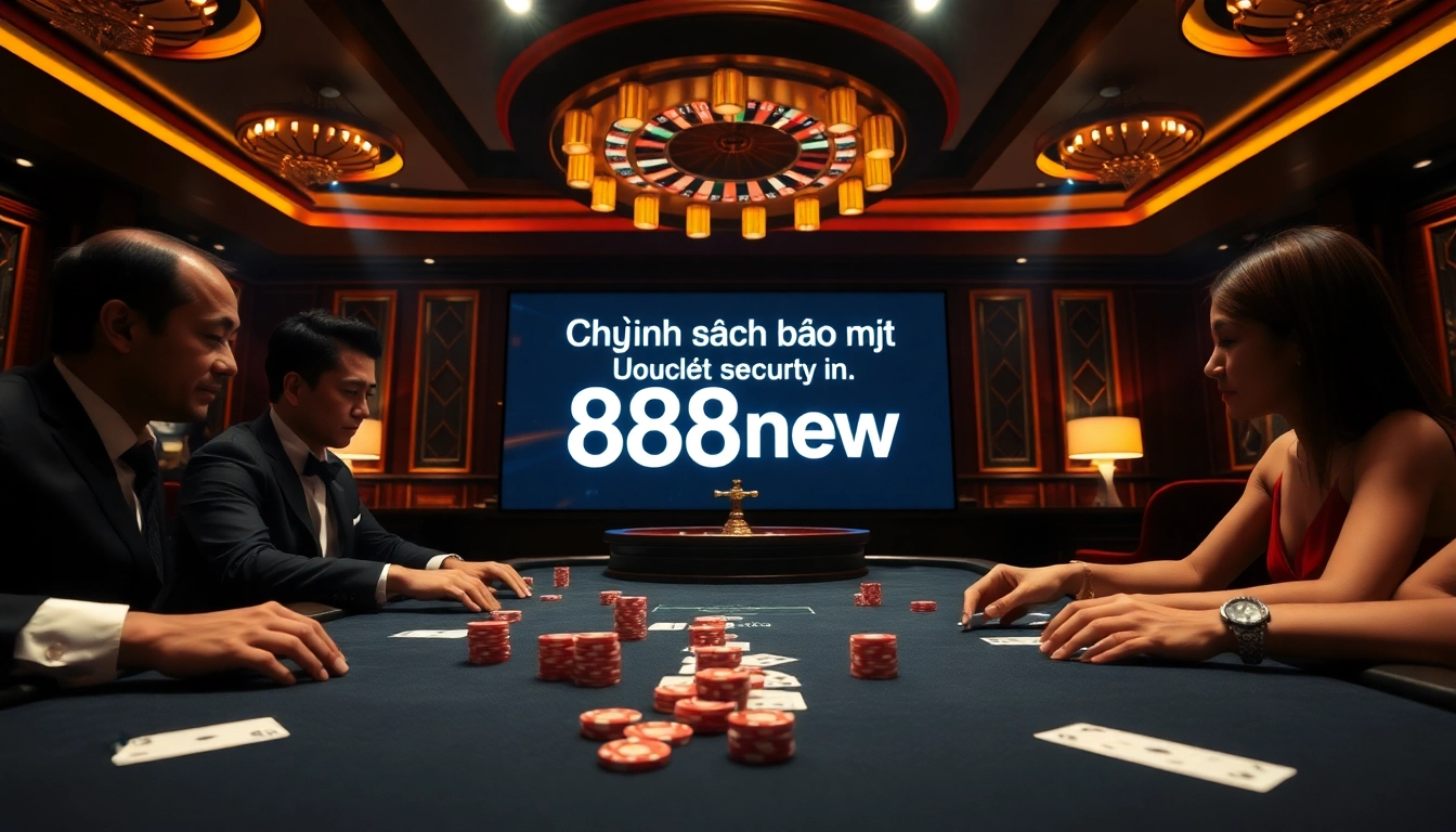 The scene of a busy casino table emphasizing the Chính sách bảo mật 888new while showcasing poker players engaged in an intense game.