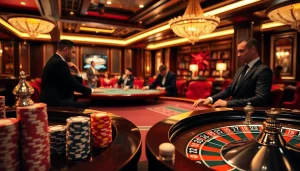 Action-packed scene of a casino showcasing hidden wiki onion service elements with poker and roulette.