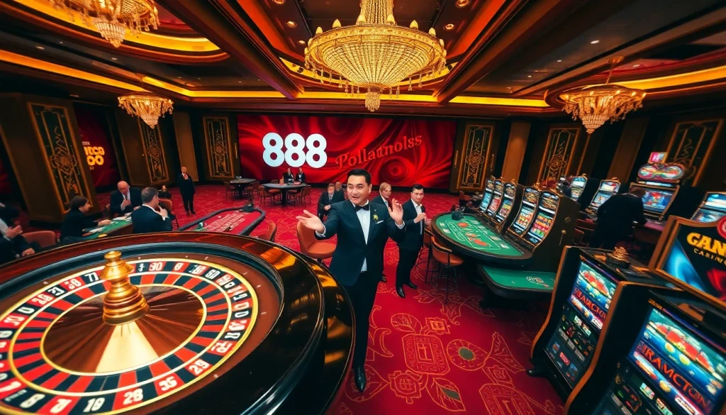 Experience the excitement of gambling at Man88 with vibrant casino visuals featuring roulette, poker, and slot machines.