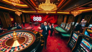 Experience the excitement of gambling at Man88 with vibrant casino visuals featuring roulette, poker, and slot machines.