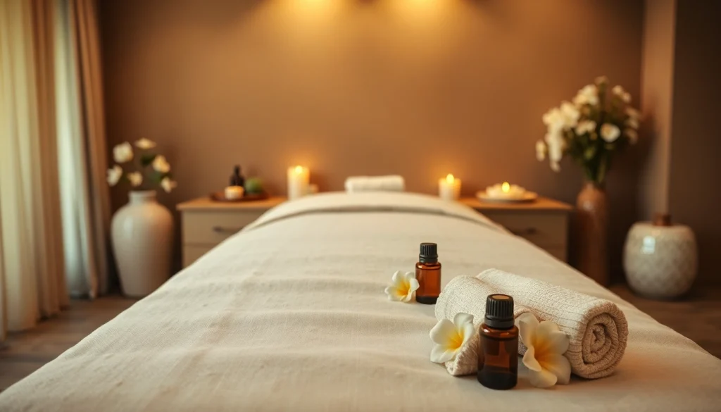 출장마사지 setup featuring a tranquil massage table, essential oils, and calming atmosphere