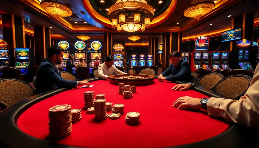 Players enjoying a lively poker game at uu88 casino, highlighting vibrant tables and chips.