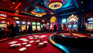 B52club players enjoying a vibrant casino atmosphere with poker chips and slot machines.