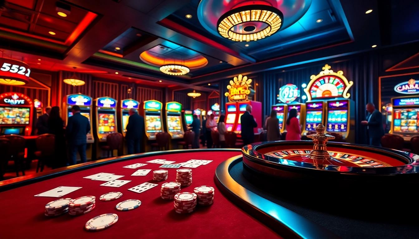 B52club players enjoying a vibrant casino atmosphere with poker chips and slot machines.