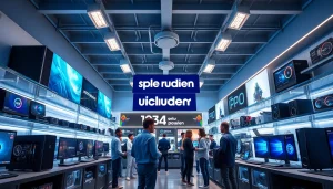 Dynamischer Ladeninnenraum, der einen lebhaften Elektronikshop zeigt, der sich auf den PC-Verkauf spezialisiert hat, mit Kunden, die mit dem Personal interagieren und High-End-Gaming-PCs begutachten.