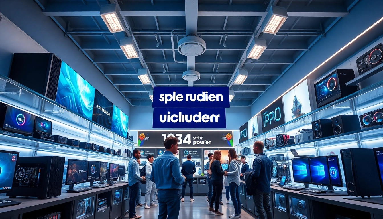 Dynamischer Ladeninnenraum, der einen lebhaften Elektronikshop zeigt, der sich auf den PC-Verkauf spezialisiert hat, mit Kunden, die mit dem Personal interagieren und High-End-Gaming-PCs begutachten.