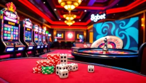 Experience the thrill of gaming at 8qbet, showcasing vibrant casino tables and exciting slot machines.