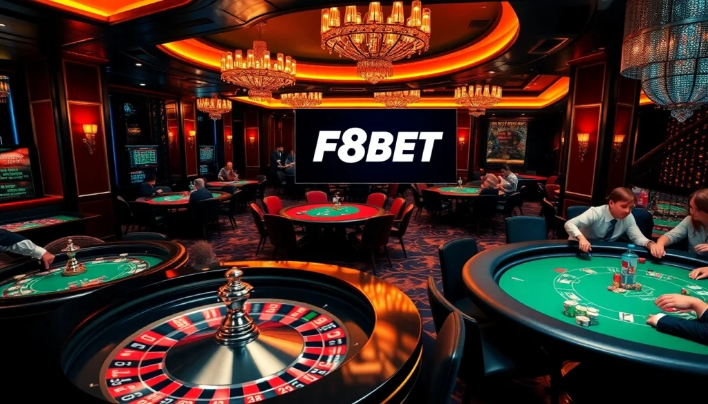 F8BET players strategizing at roulette and poker tables in a luxurious casino setting.