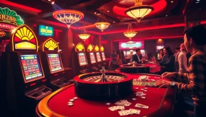Experience thrilling gameplay at RR88's vibrant casino tables filled with slot machines and poker chips.