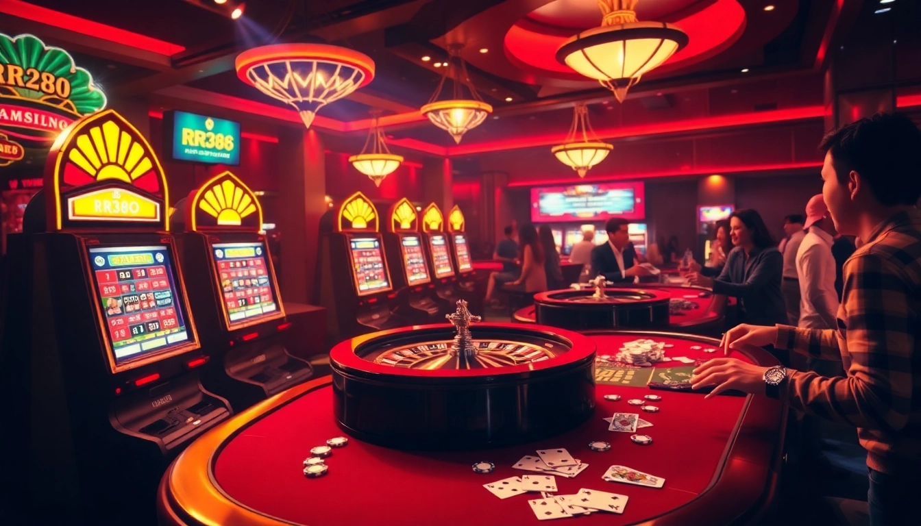 Experience thrilling gameplay at RR88's vibrant casino tables filled with slot machines and poker chips.