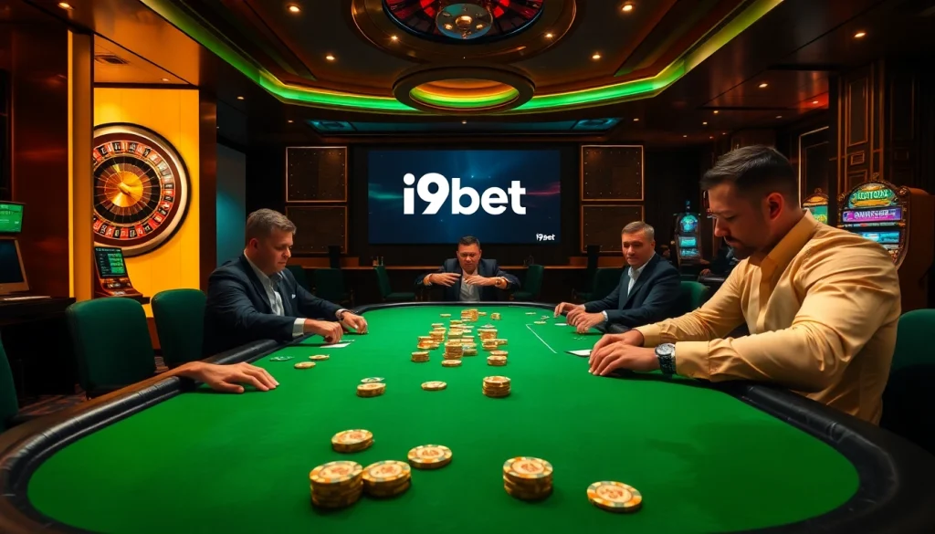 Players engage intensely at a high-stakes i9bet poker table in a luxurious casino environment, showcasing professional gameplay.