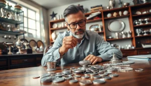 Beim Zinn Ankauf Köln prüft ein Experte verschiedene Zinnobjekte sorgfältig im Büro.