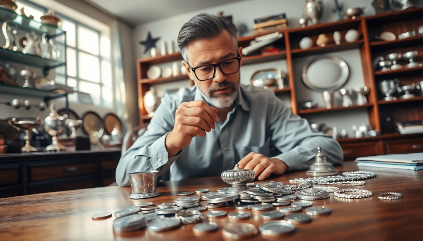 Beim Zinn Ankauf Köln prüft ein Experte verschiedene Zinnobjekte sorgfältig im Büro.