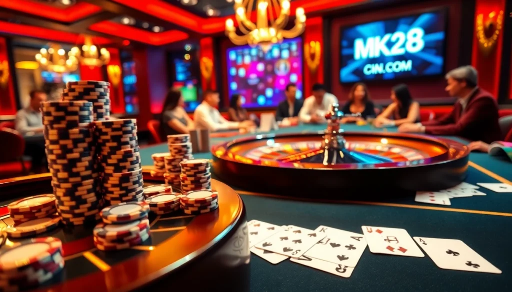 Experienced gamblers stack chips and play cards at MK8.COM, highlighting the electrifying atmosphere of online casinos.