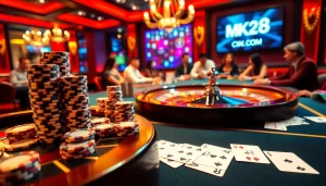 Experienced gamblers stack chips and play cards at MK8.COM, highlighting the electrifying atmosphere of online casinos.