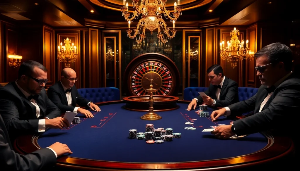 Intense poker game at an upscale casino table, capturing the excitement of gambling with https://s666hn.com/.