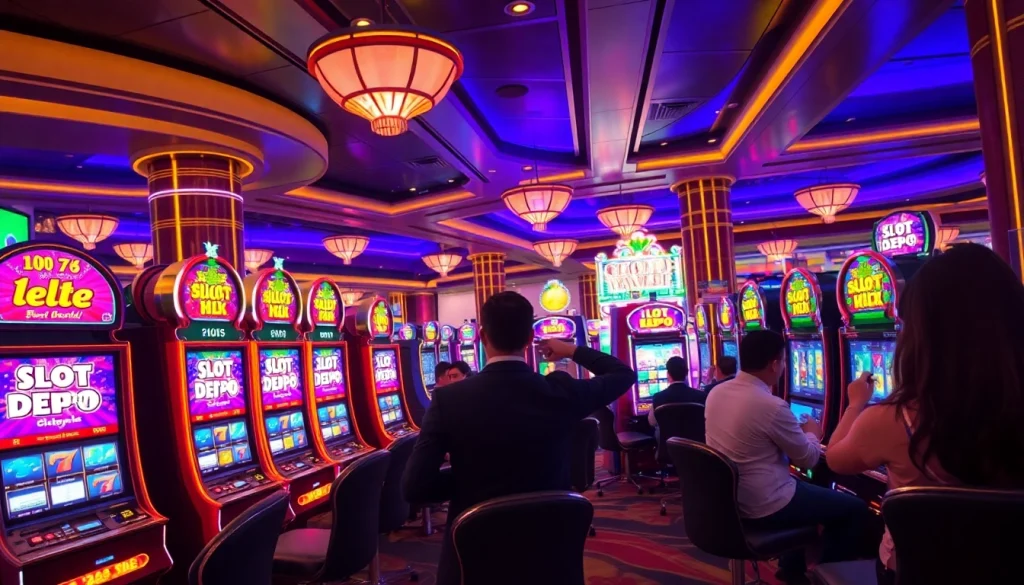 Excited players enjoying slot depo 1k games in a vibrant casino atmosphere with colorful machines.