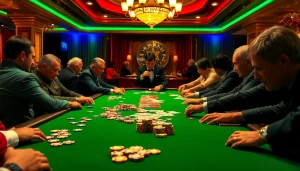 Engage in a thrilling BDJL poker game at a luxurious casino table, surrounded by intense players.