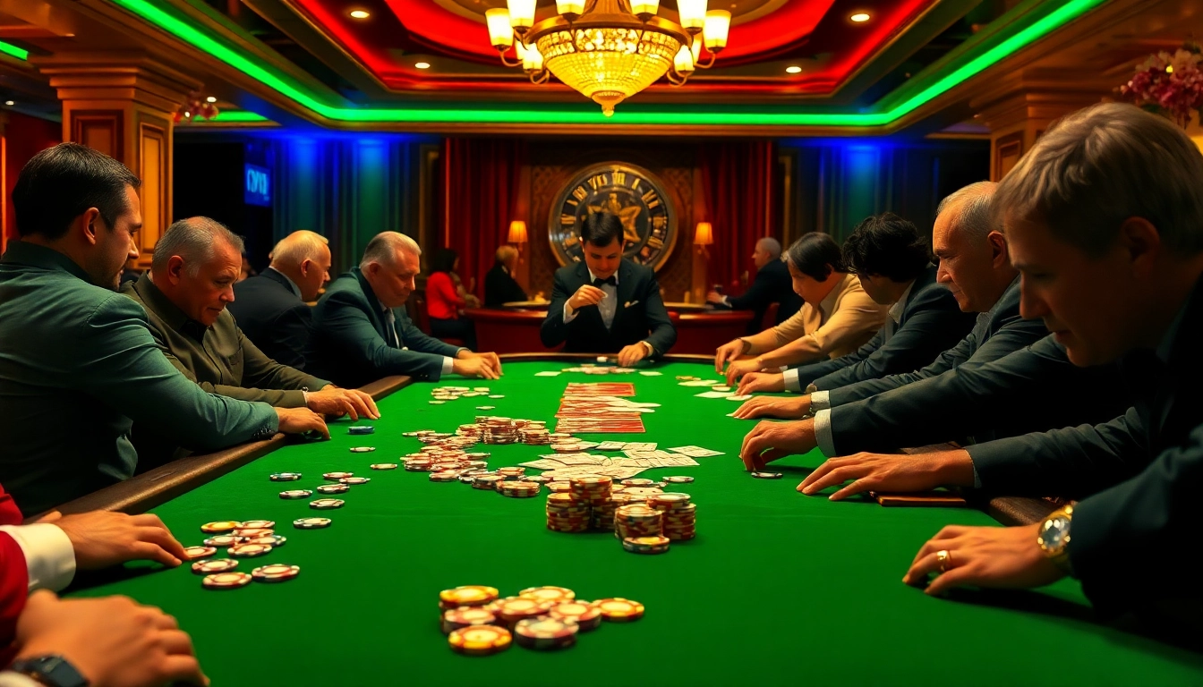 Engage in a thrilling BDJL poker game at a luxurious casino table, surrounded by intense players.