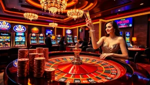 Winners celebrate at a luxury casino experience, showcasing https://mk8th.net/ with roulette and poker.